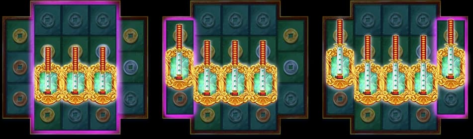 Three paytable boards illustrating three, four and five Sword Scatters