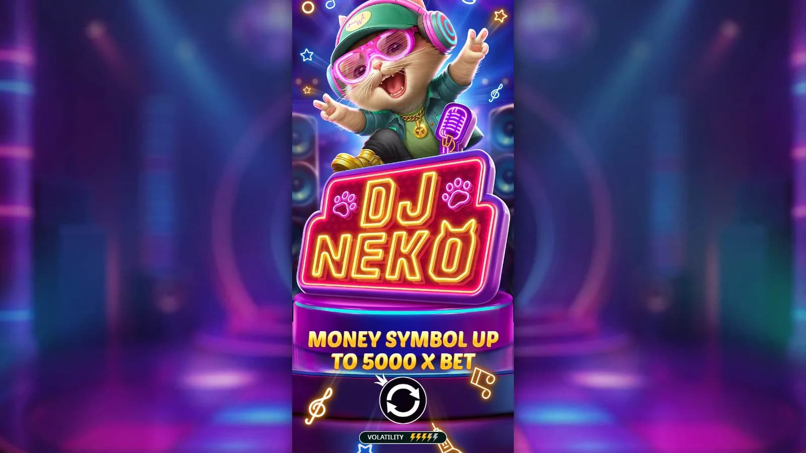 DJ Neko illustrated pre-play screen with cat DJ and money-symbol headline