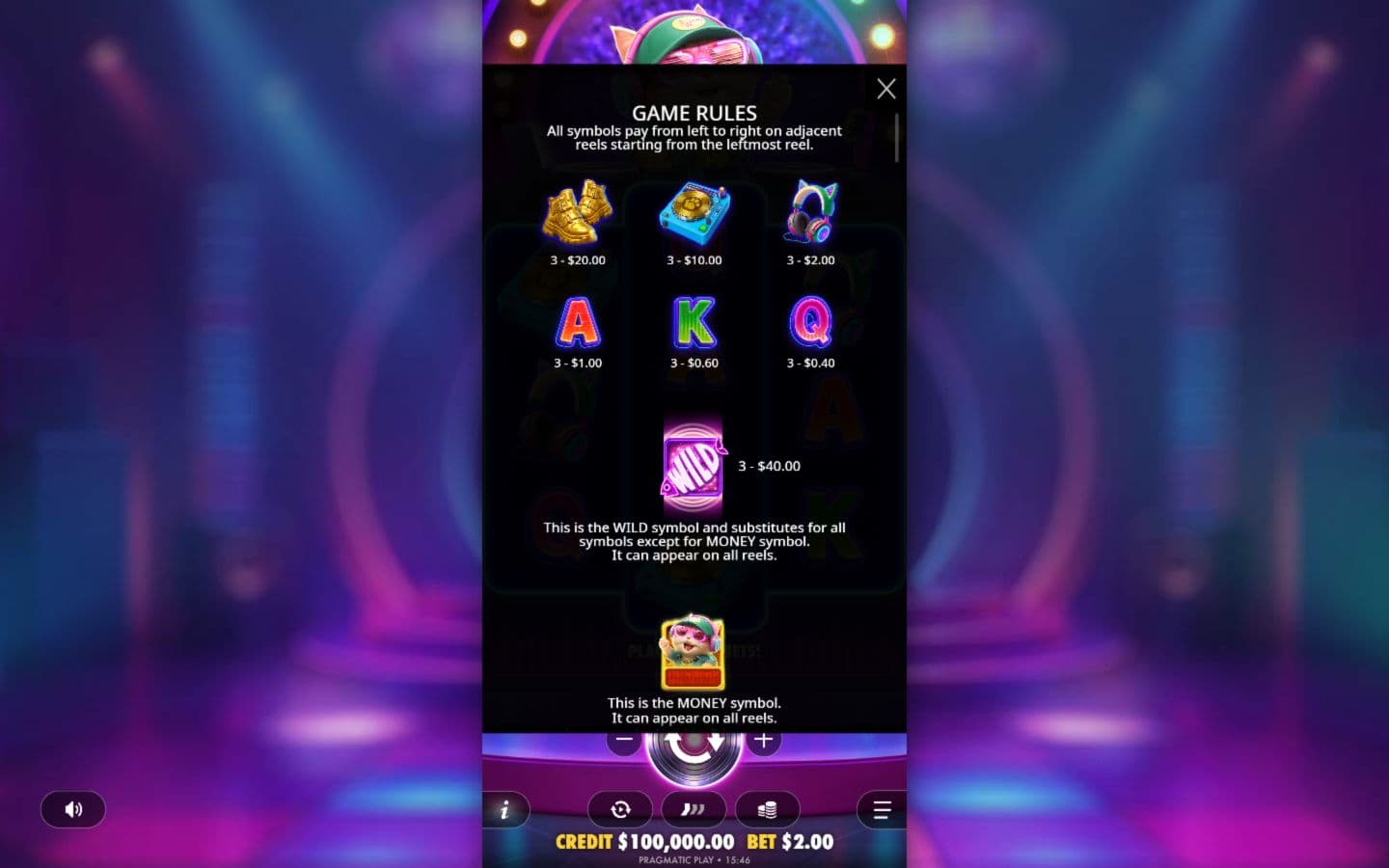 DJ Neko in-game symbol paytable at a USD 2 base stake