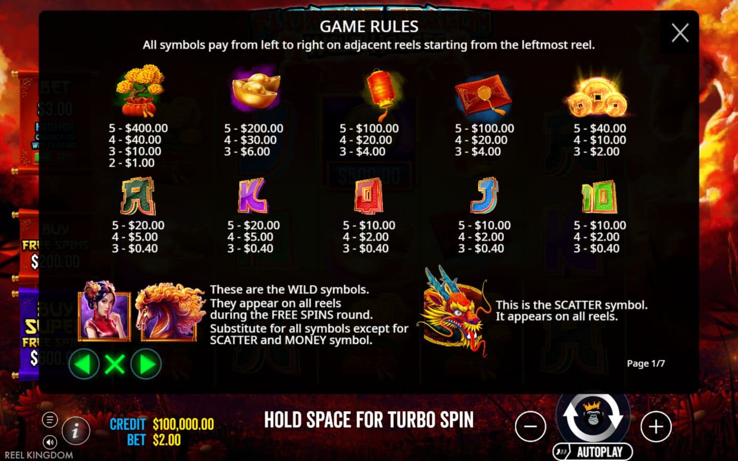Floating Dragon in-game symbol paytable at a USD 2 base stake