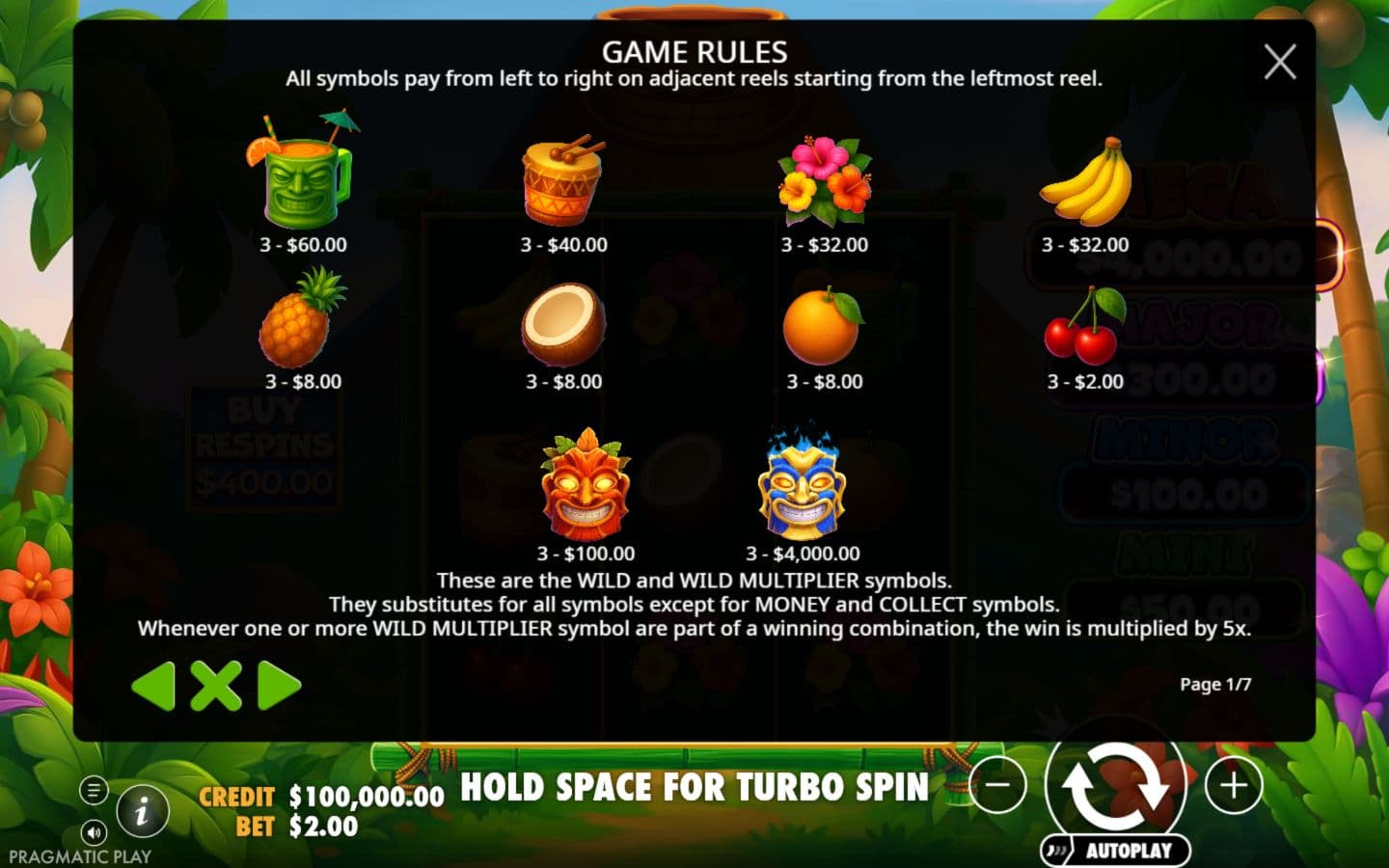 Super Tiki Strike in-game symbol paytable at a USD 2 base stake