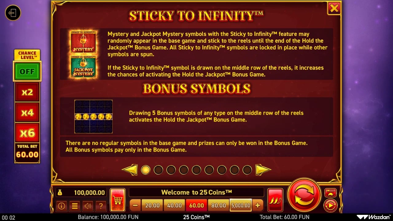 25 Coins rules explaining Sticky to Infinity and the five-symbol middle-row trigger