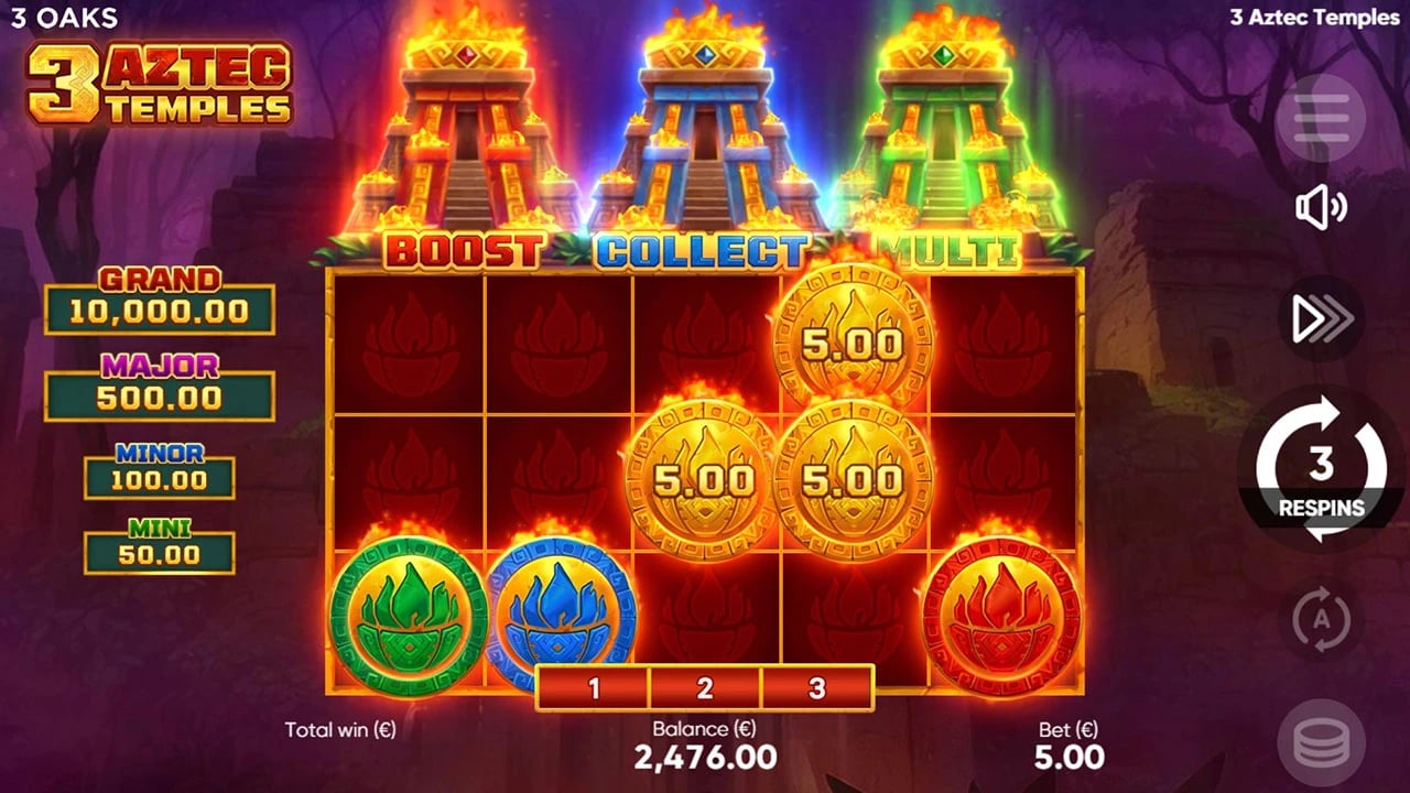 3 Aztec Temples: active bonus board with three feature indicators