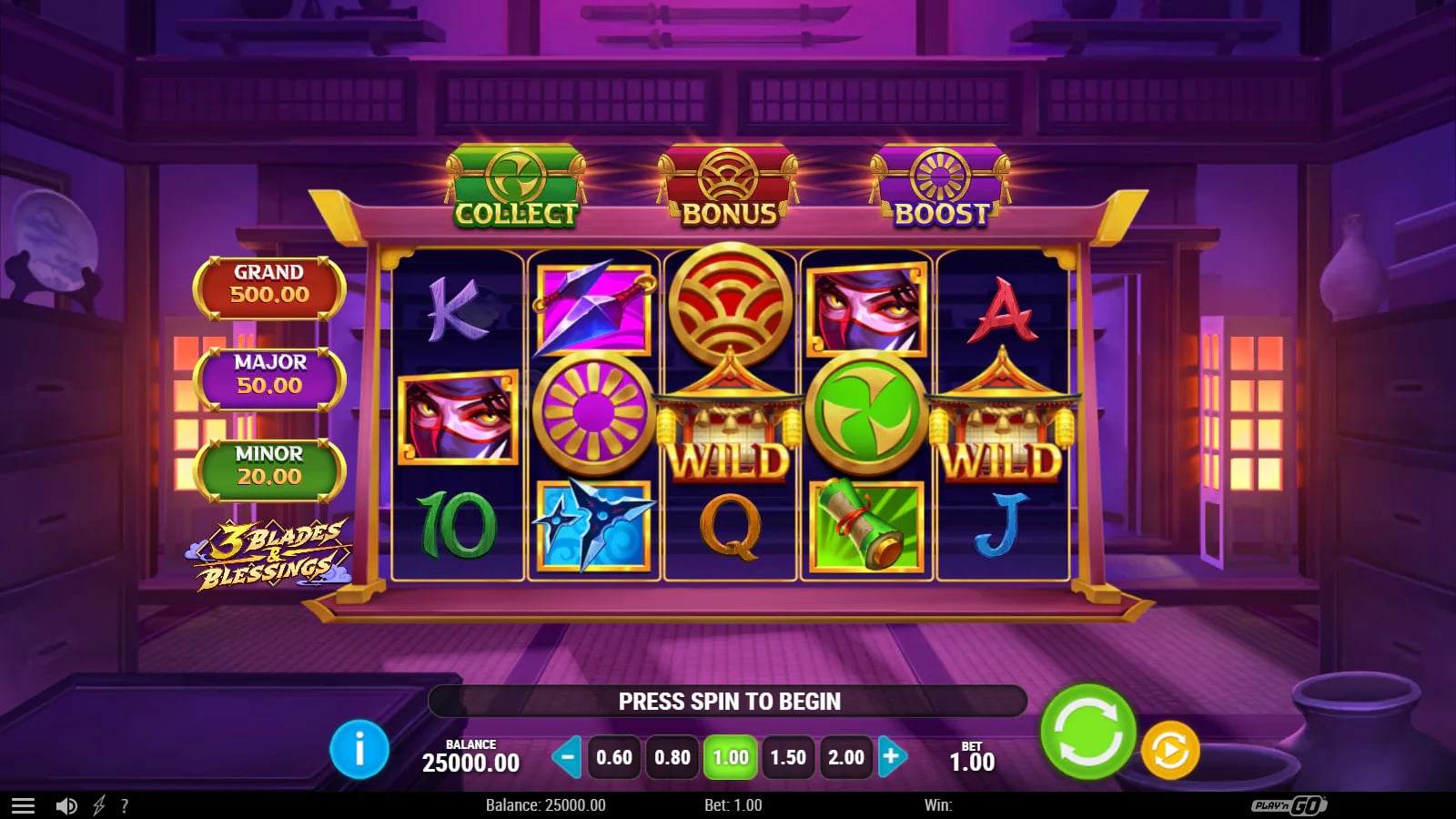 Opening 3 Blades & Blessings five-reel demo with Collect, Bonus and Boost chests, two Wild symbols and Press Spin to Begin