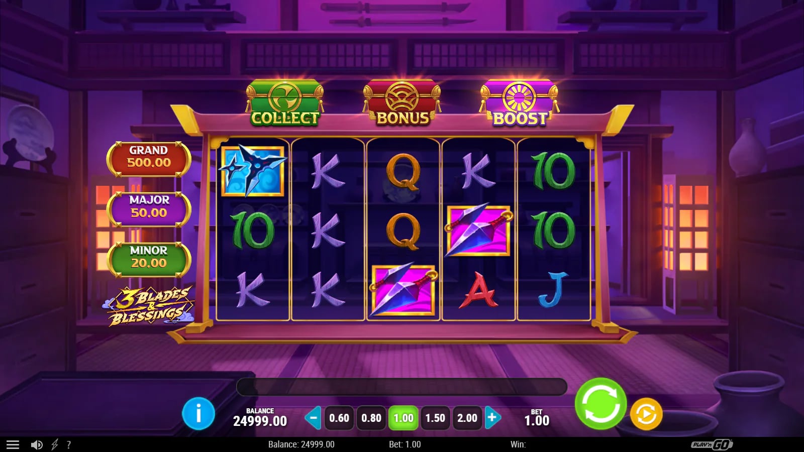 Settled 3 Blades & Blessings base-game reels with shuriken and blades after a 1.00 virtual-bet spin, no win displayed