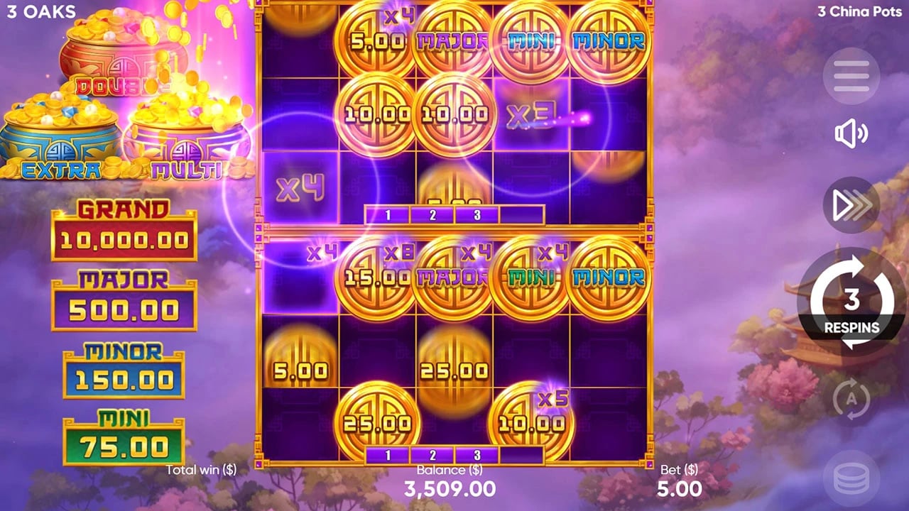 3 China Pots: active two-board bonus with multiplier markings