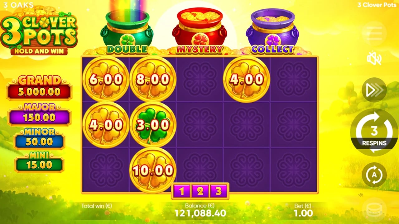 3 Clover Pots: Hold and Win board with the DOUBLE pot active