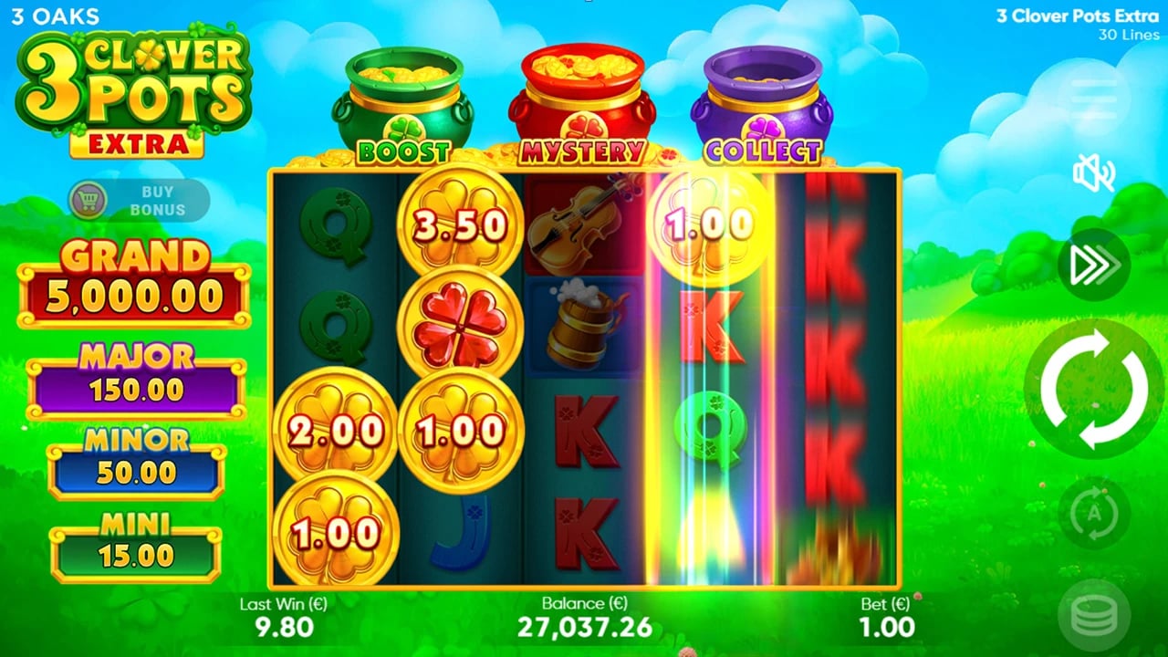 3 Clover Pots Extra: coloured Clovers and a Rainbow effect on the base field