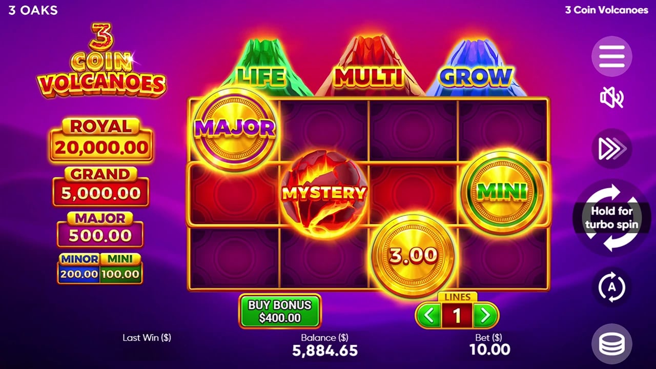 3 Coin Volcanoes: four-column starting field and line selector