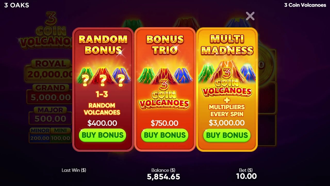 3 Coin Volcanoes: Random Bonus, Bonus Trio and Multi Madness menu