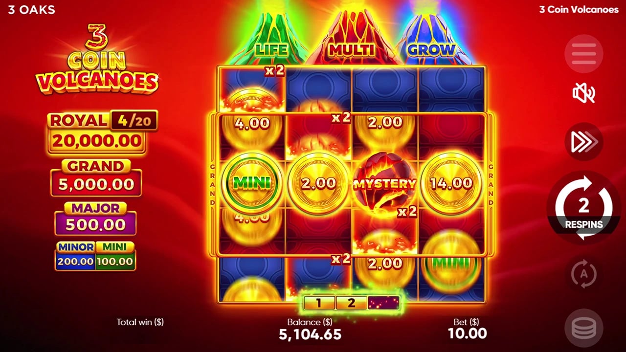 3 Coin Volcanoes: expanded bonus board with multipliers and Royal progress