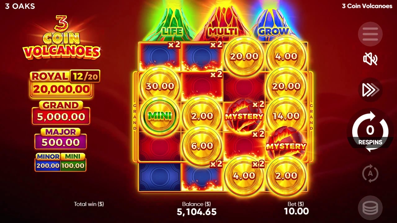 3 Coin Volcanoes: expanded board with zero remaining respins