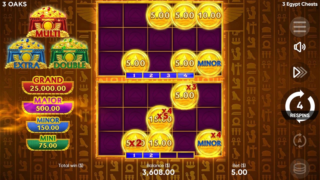 3 Egypt Chests: two bonus boards with multipliers and four respins