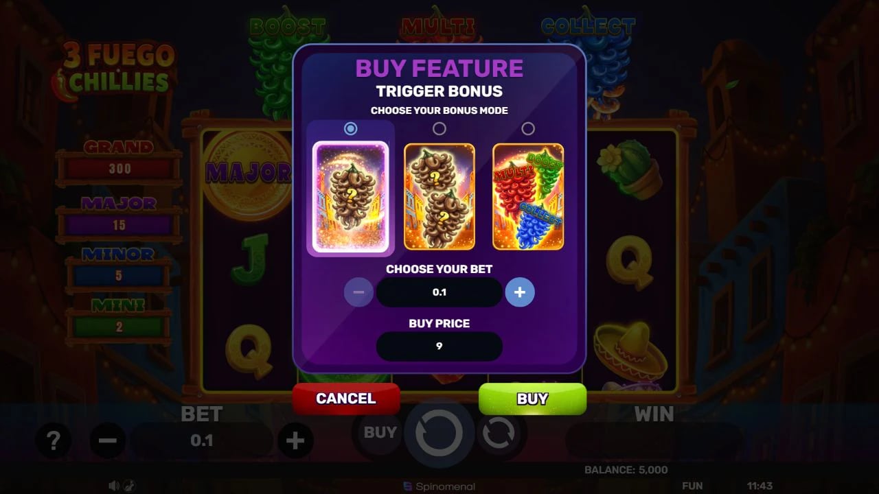 3 Fuego Chillies official free demo showing three selectable Buy Feature bonus modes