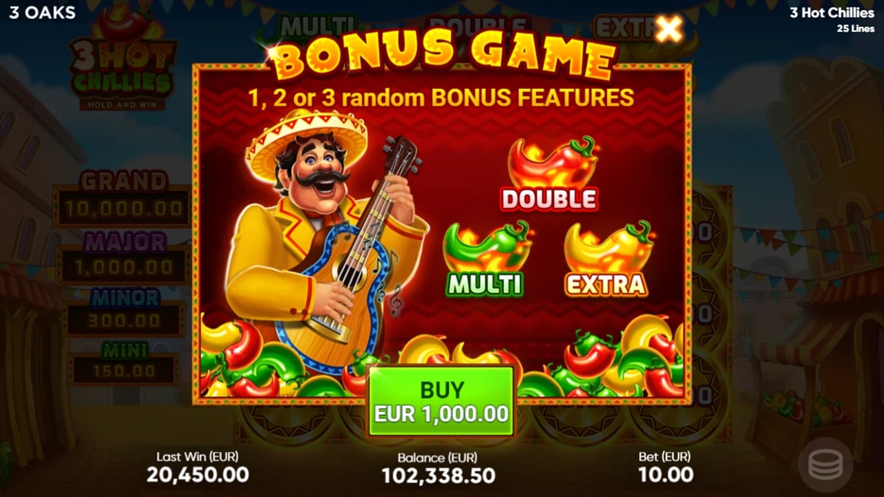 3 Hot Chillies: Optional purchase screen and displayed stake