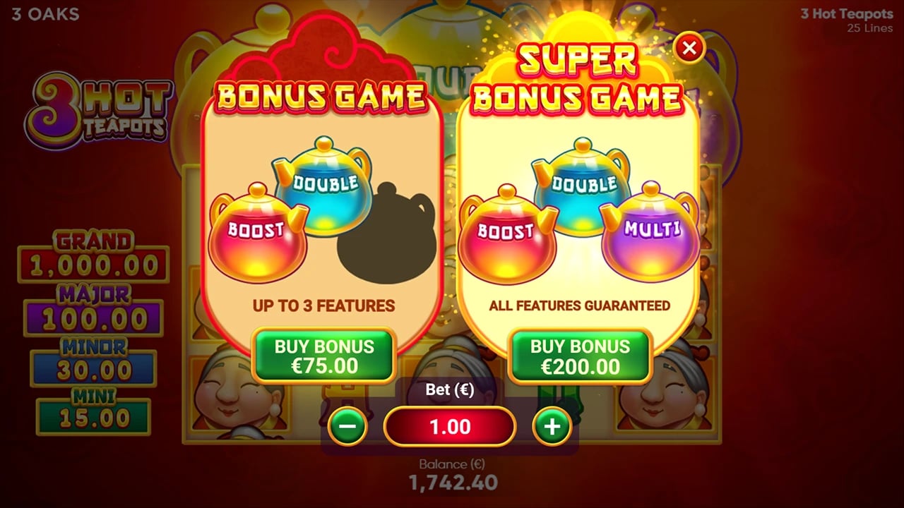 3 Hot Teapots: Bonus and Super Bonus purchase menu at a one-euro bet