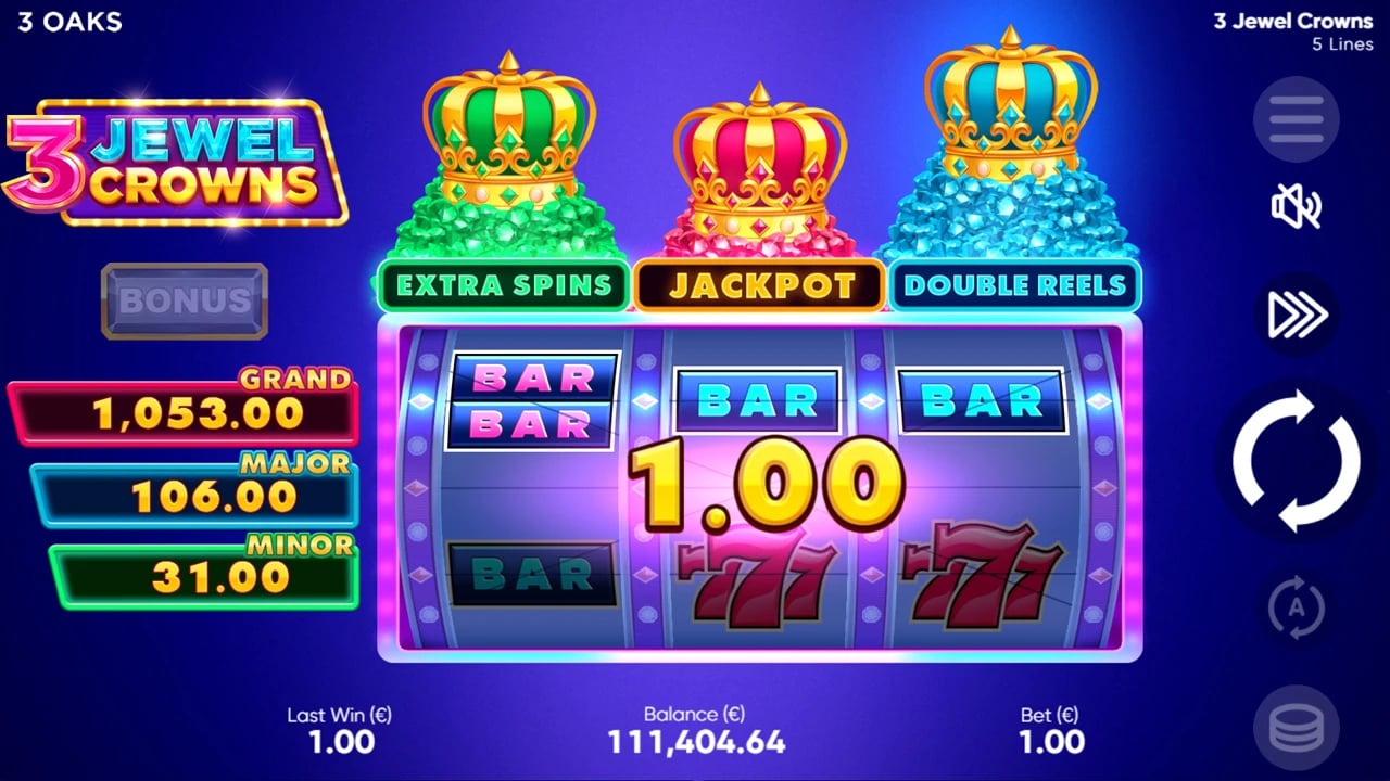 3 Jewel Crowns: Current jackpot values beside the base reels