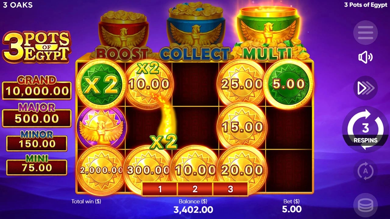 3 Pots of Egypt: MULTI bonus board with a times-two effect and Mystery