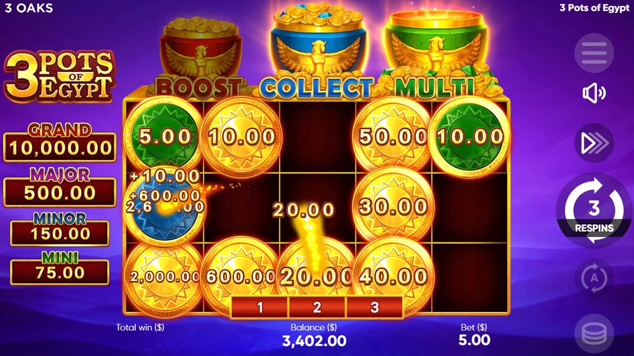 3 Pots of Egypt: COLLECT and MULTI values on the bonus field
