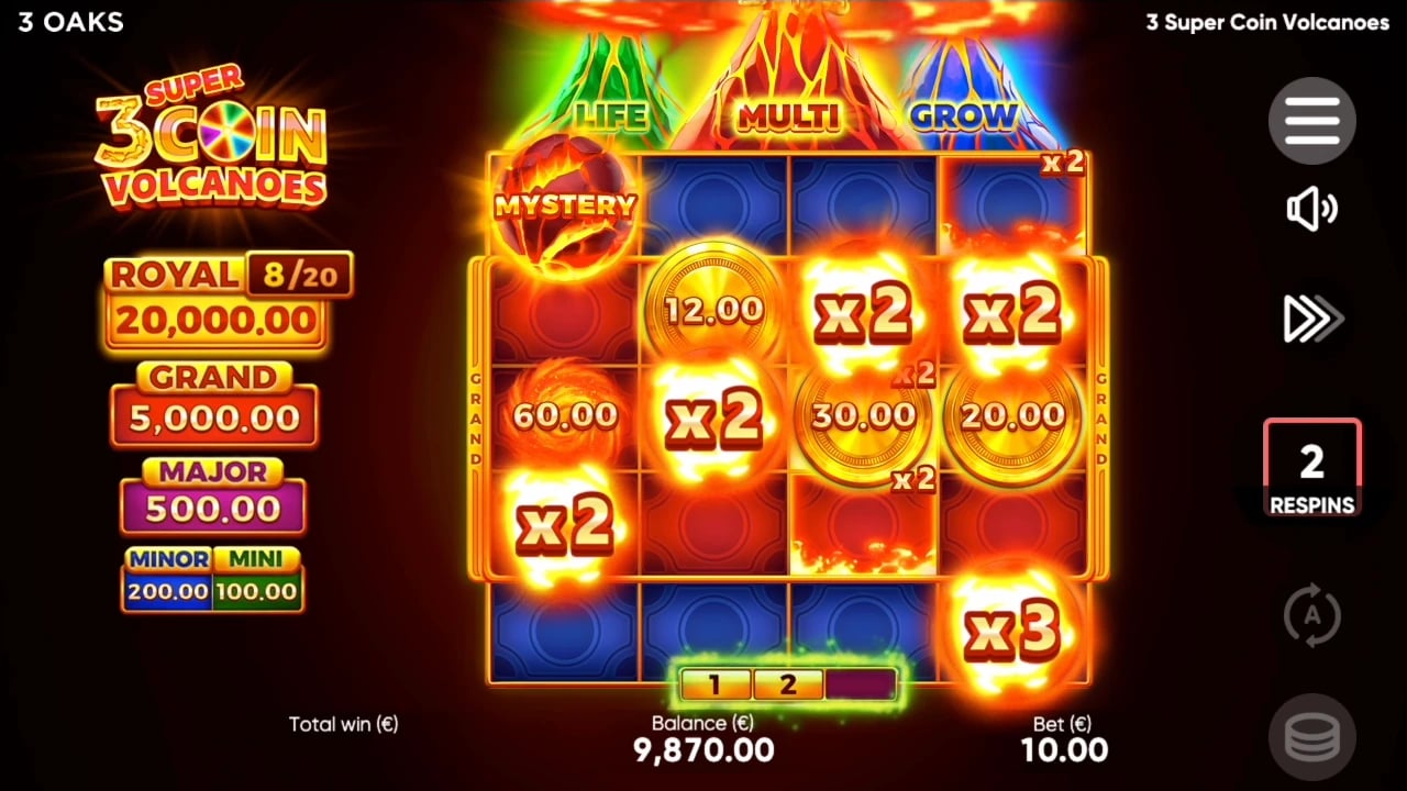 3 Super Coin Volcanoes: Multiplier cells across the expanded board