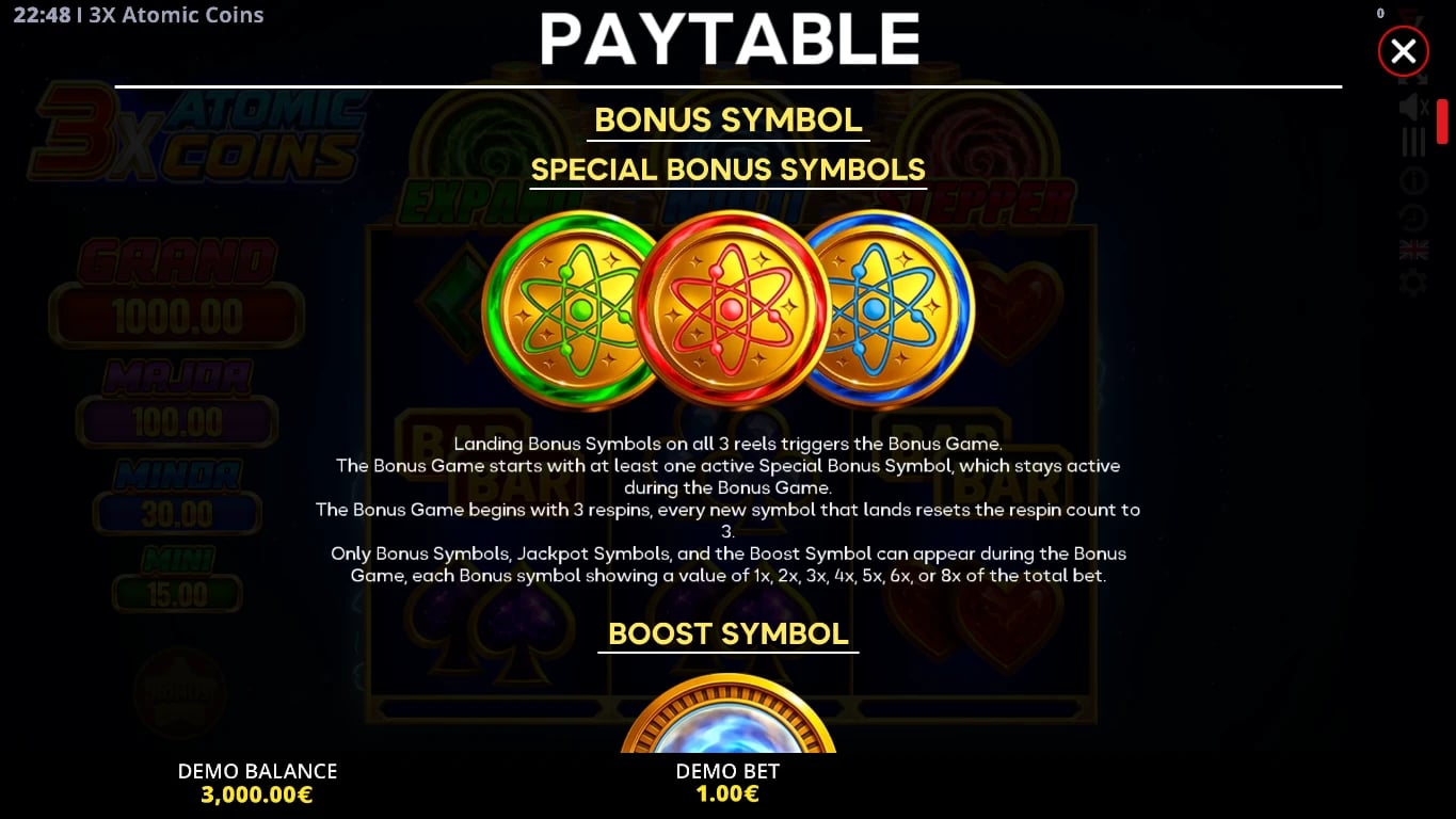 3X Atomic Coins paytable and Running Wins entry rules