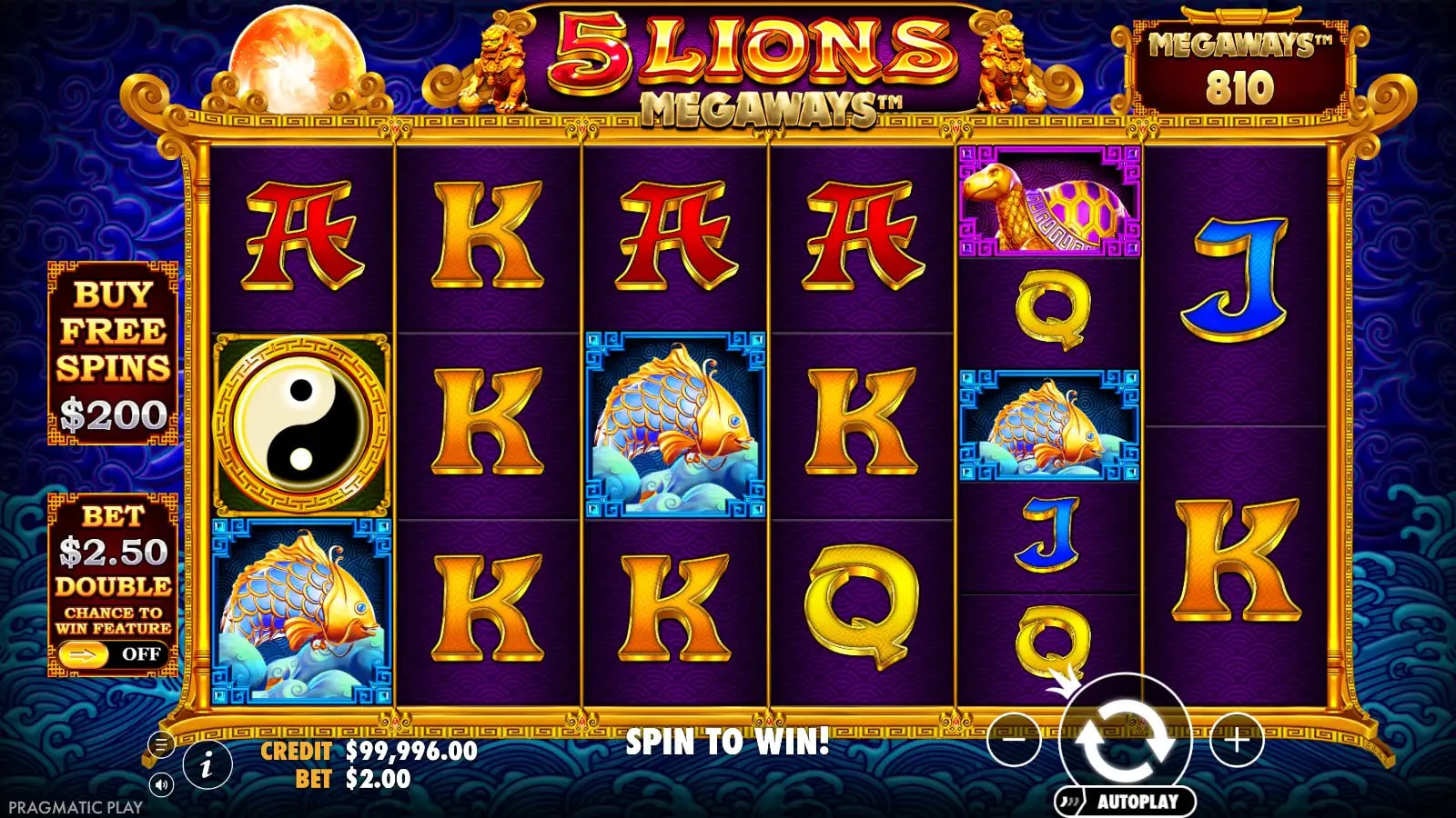 5 Lions Megaways ordinary six-column board with 810 displayed ways, one Yin-Yang Scatter and a $2 virtual bet.