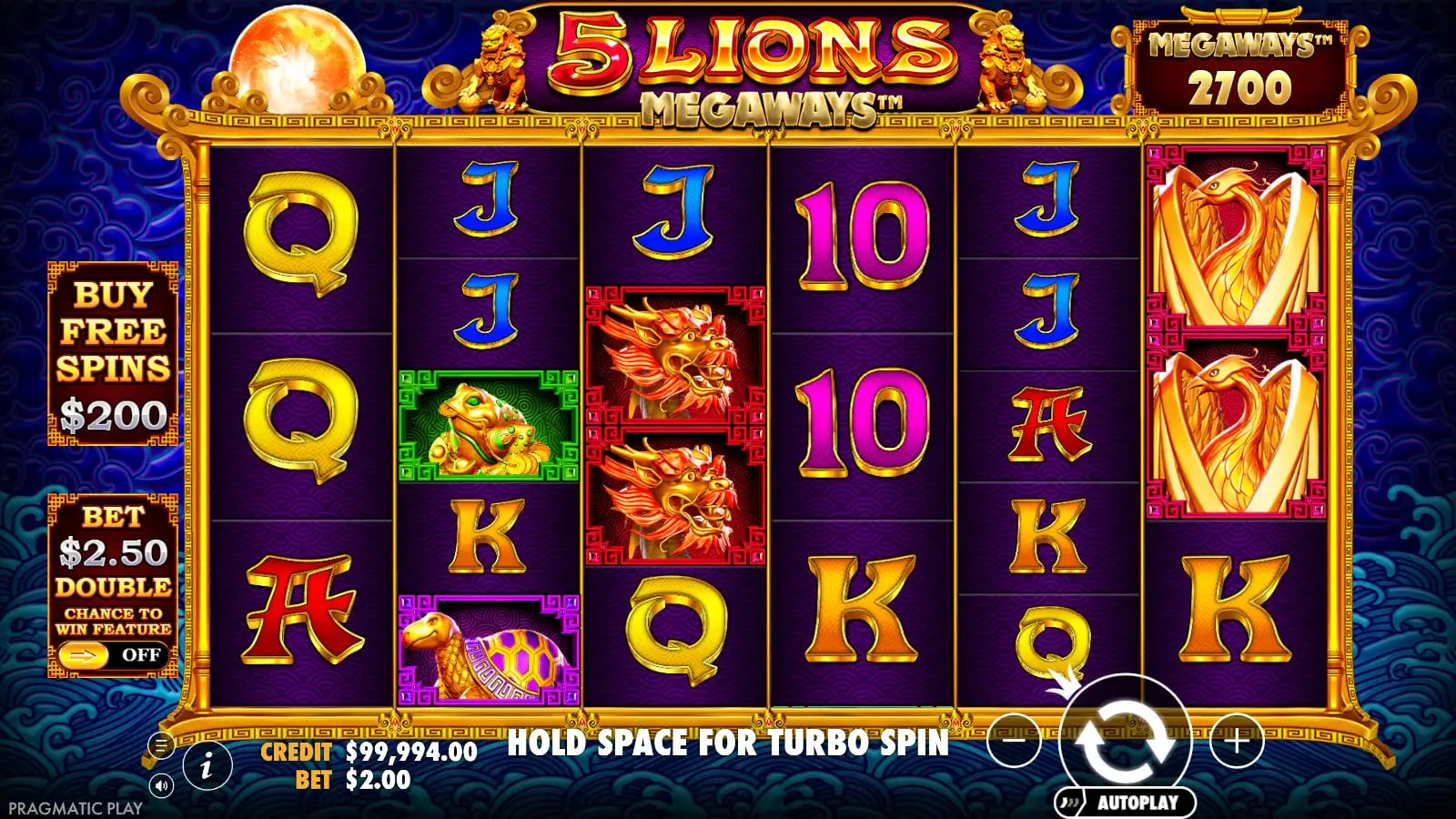 5 Lions Megaways second ordinary six-column board showing 2,700 ways, animal symbols and no feature counter.