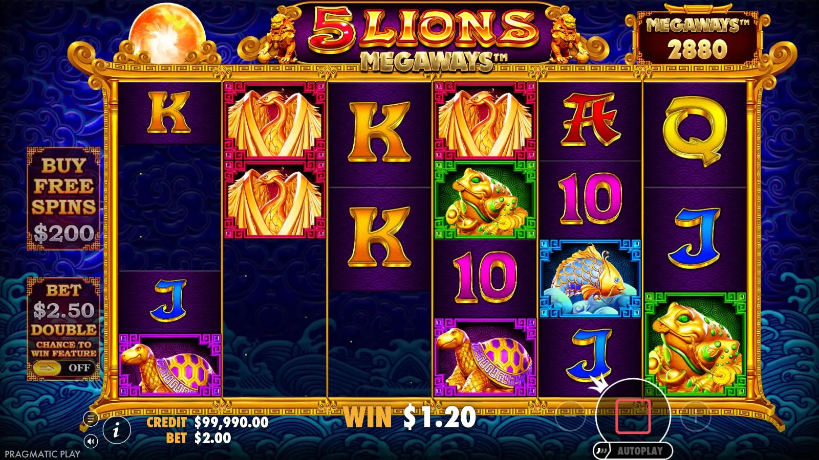 5 Lions Megaways settled $1.20 ordinary win with 2,880 displayed ways and a $2 virtual bet.
