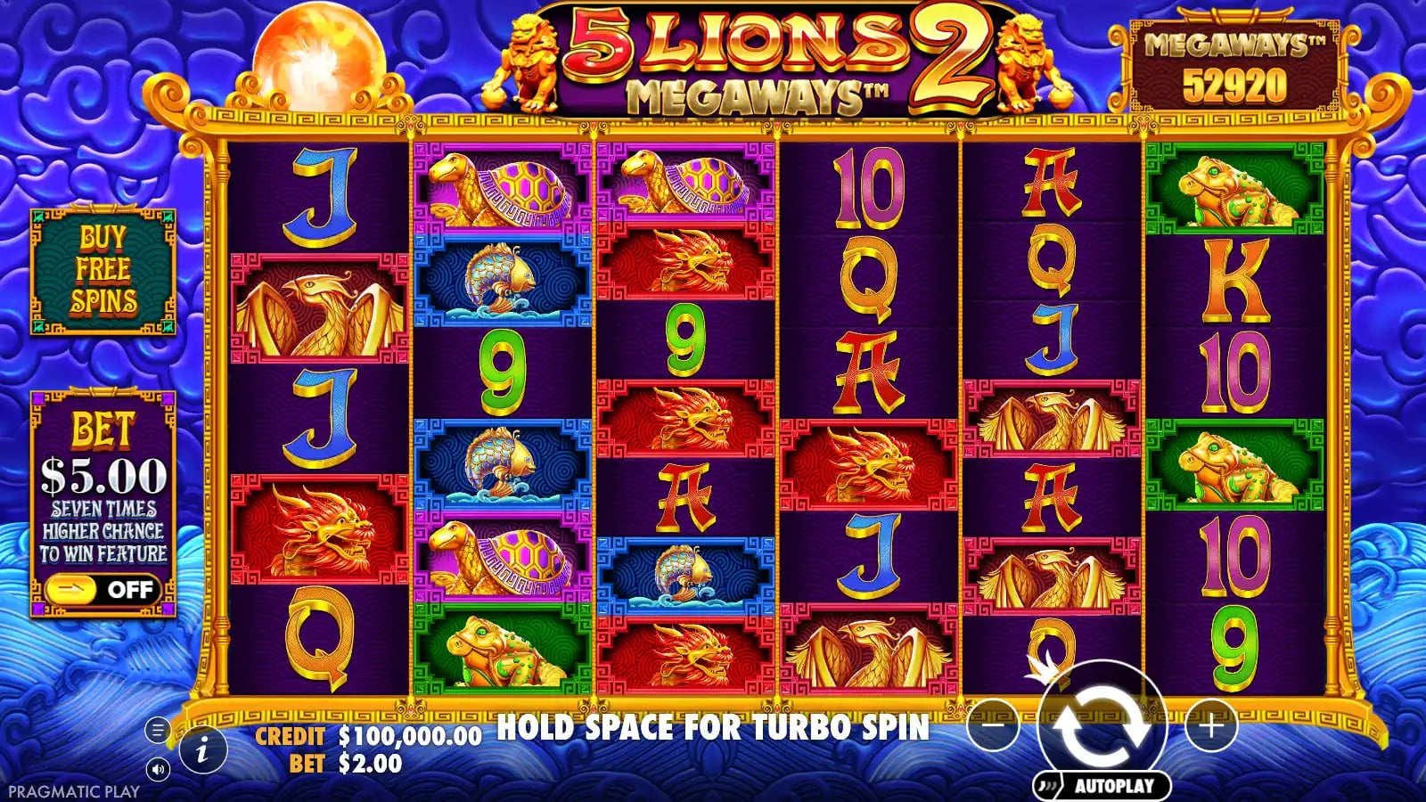 5 Lions Megaways 2 base-game reels with 52,920 ways displayed