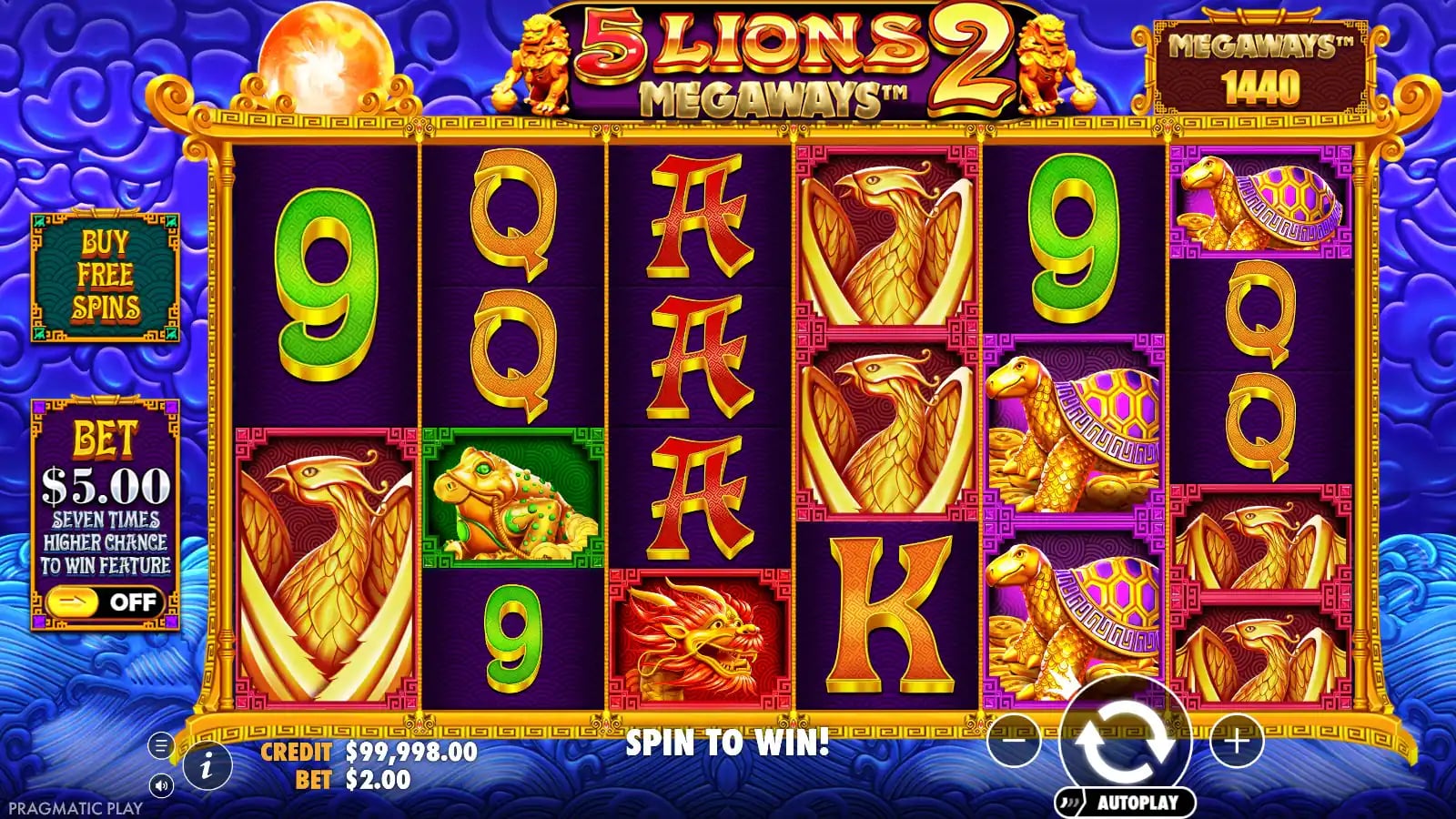 5 Lions Megaways 2 base-game reels with 1,440 ways displayed