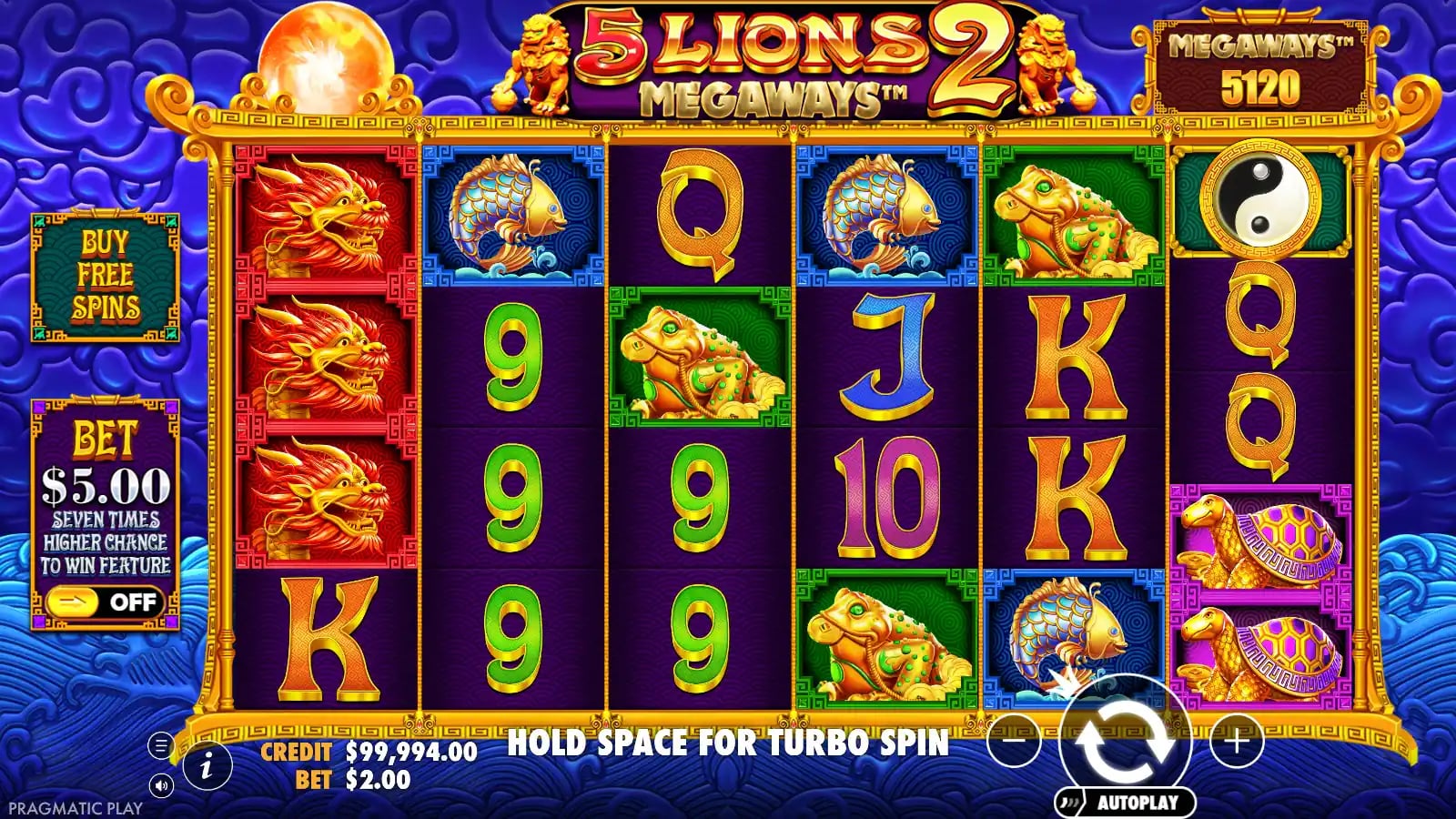 5 Lions Megaways 2 base-game result with a yin-yang symbol