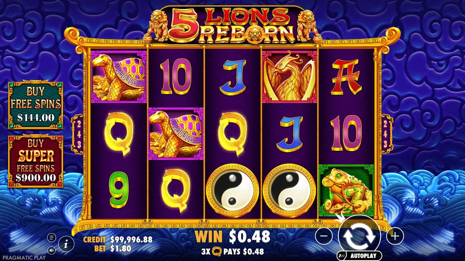 5 Lions Reborn base-game grid with a $0.48 Q-symbol win and optional Free Spins purchase controls.
