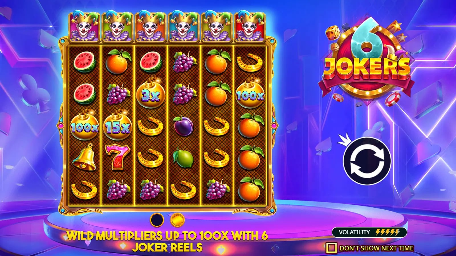 6 Jokers instructional frame with all six top Joker positions and example multiplier bombs on the main board.
