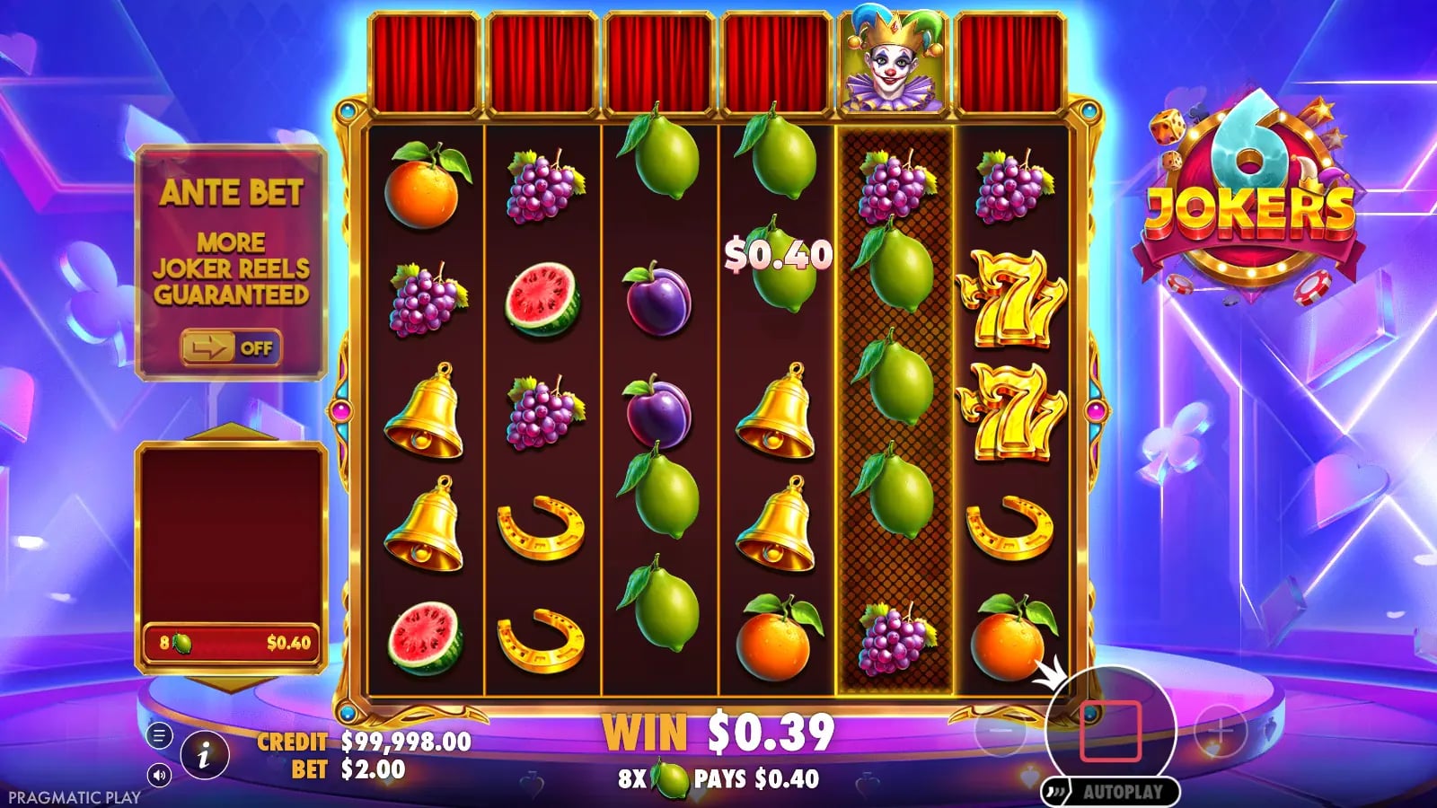 6 Jokers base-game result with one top-reel Joker, Ante Bet off and a small fruit-symbol payout.
