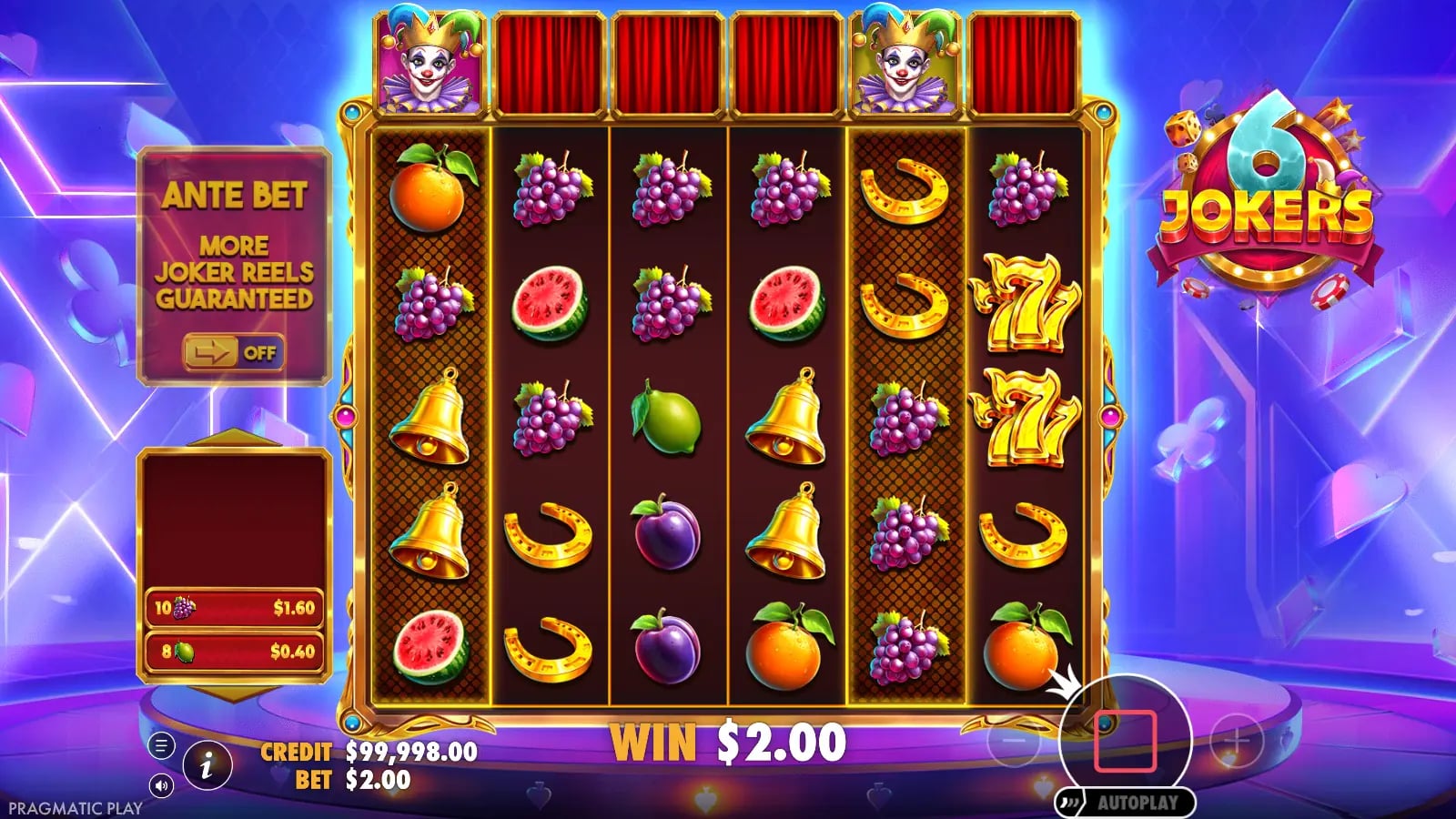 6 Jokers later base result with two top-reel Jokers, a $2.00 win and Ante Bet off.