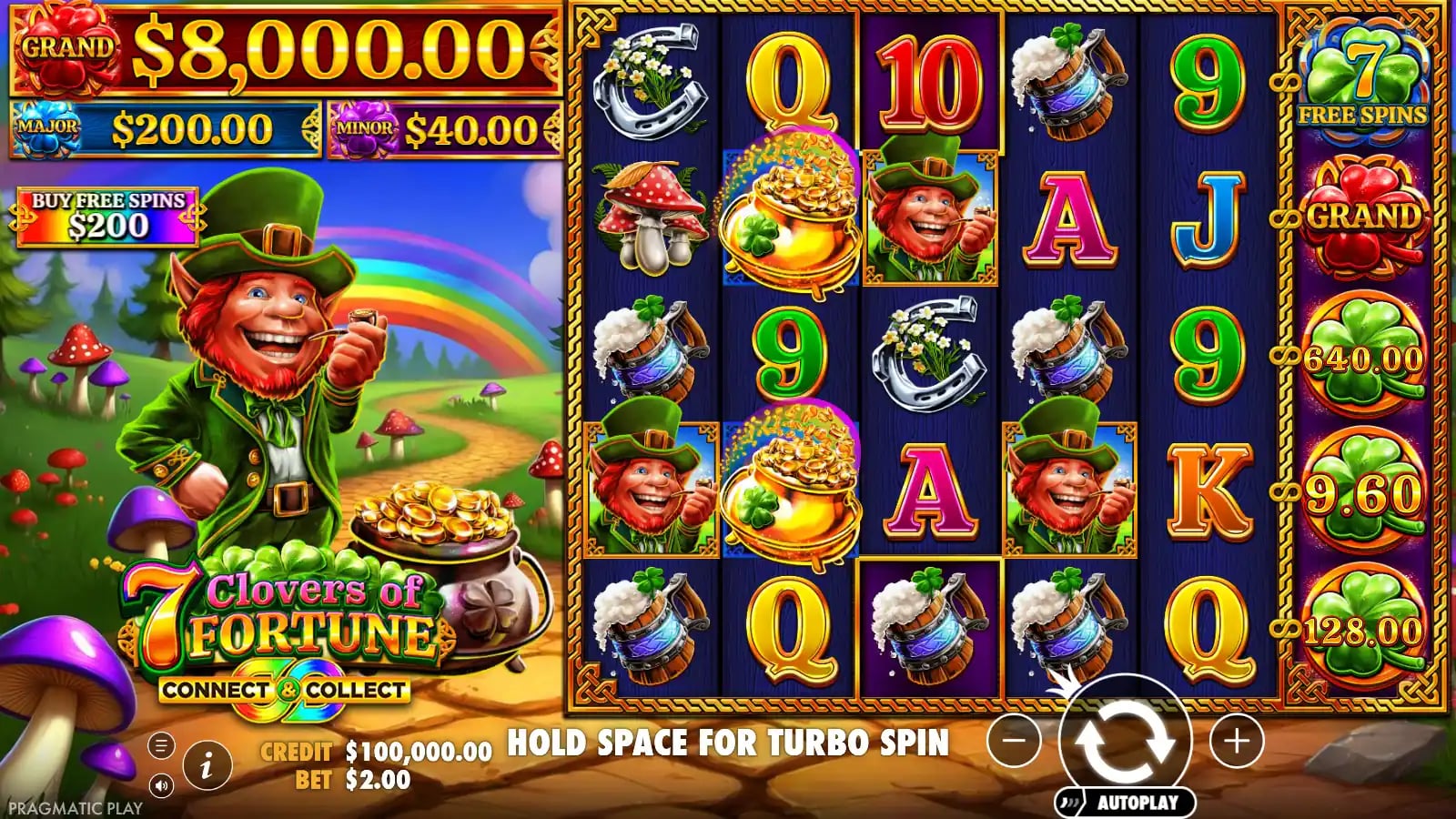 7 Clovers Of Fortune ordinary Irish-themed reel screen with bonus destinations on the right