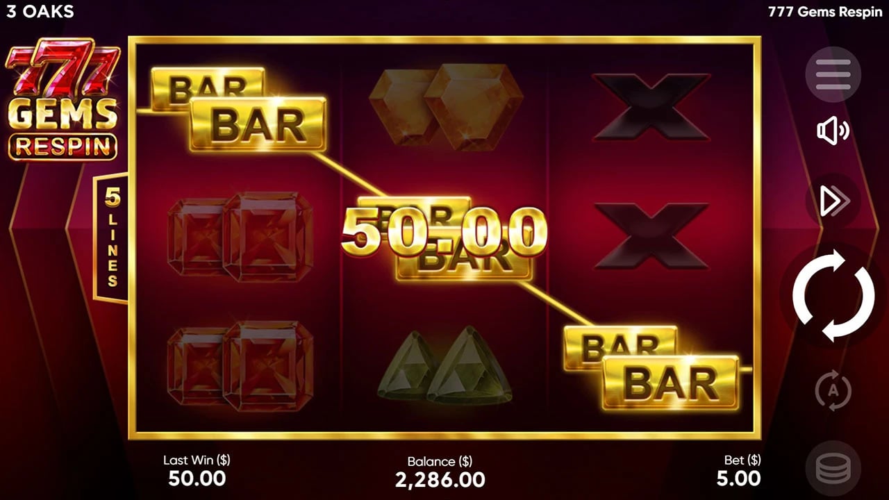 777 Gems Respin: Three-reel board with a Bar line