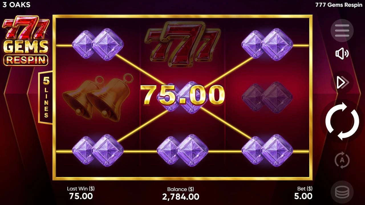 777 Gems Respin: Gem lines on the compact game board