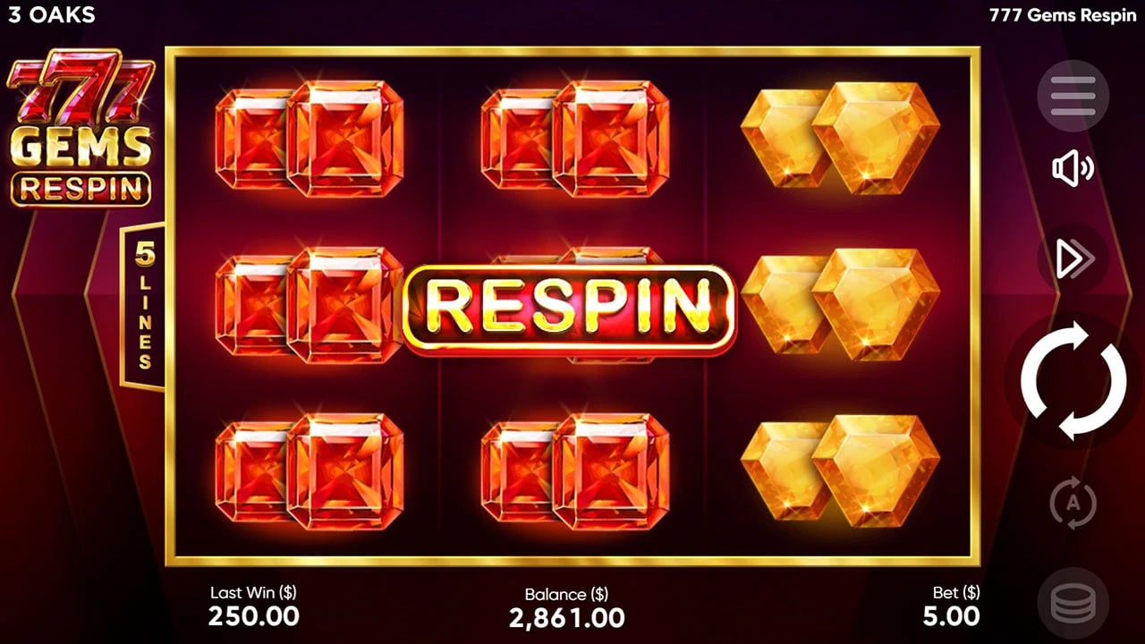 777 Gems Respin: Two red Gem reels and the respin notice