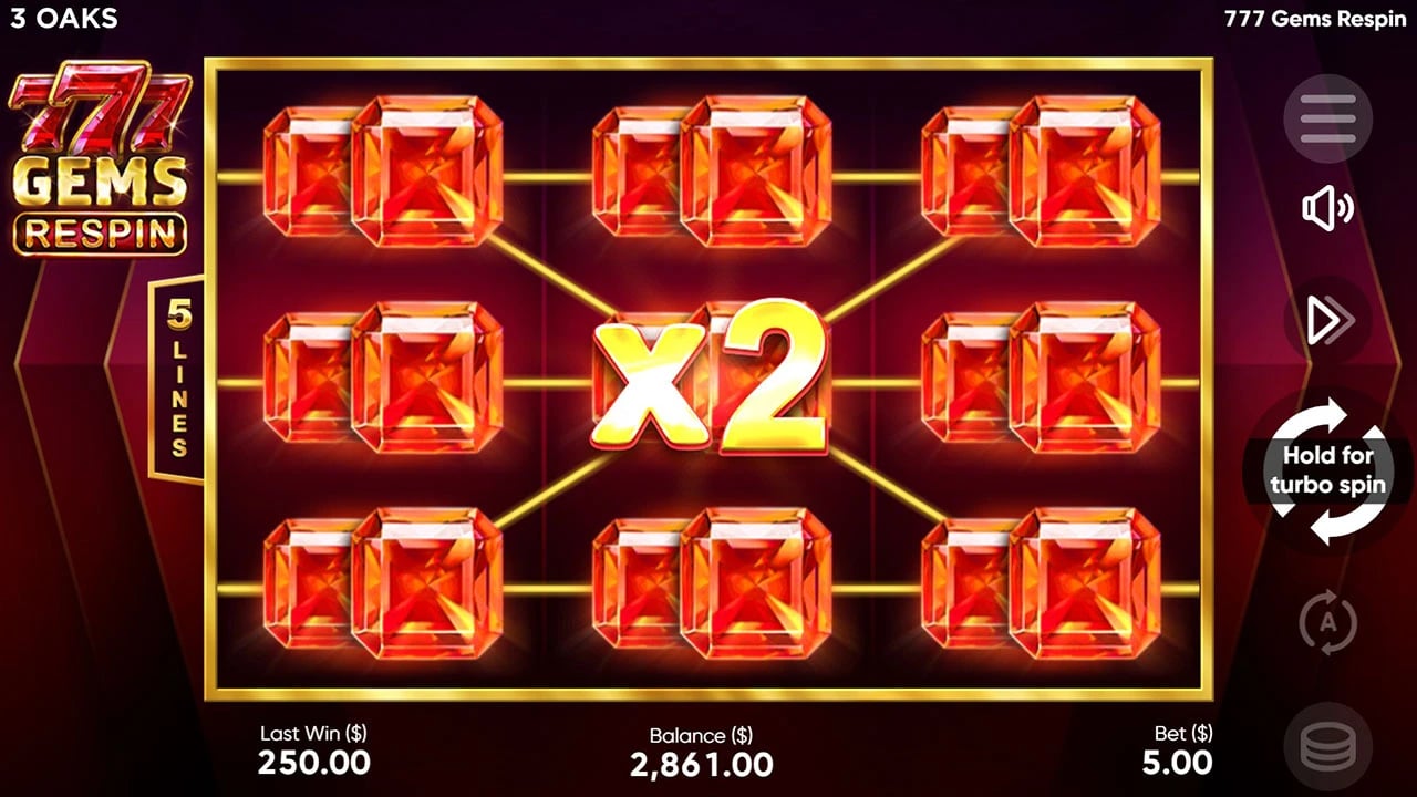 777 Gems Respin: Full red Gem screen with 2× label