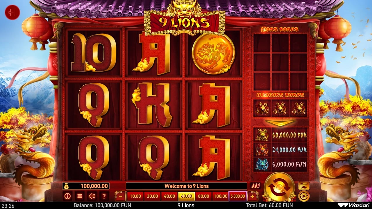 9 Lions base screen with nine reel positions and the Lion matrix