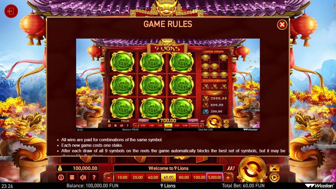 9 Lions rules with the matrix and blocked-symbol illustration