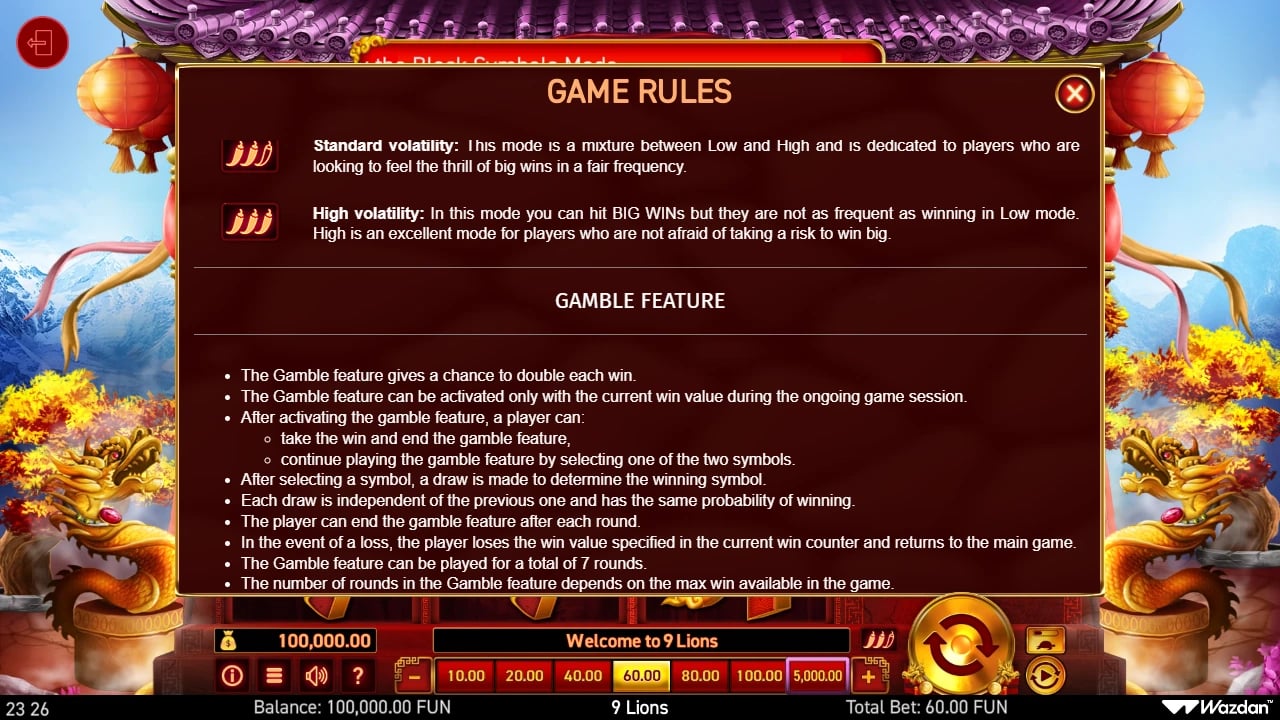 9 Lions rules for selectable volatility and the Gamble feature