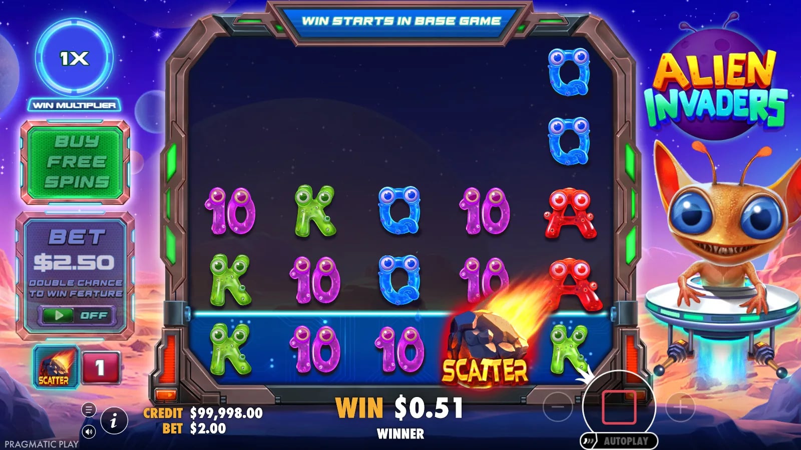 Alien Invaders base-game board with five staggered reels, a highlighted bottom activation row, one Scatter, x1 multiplier and controls.