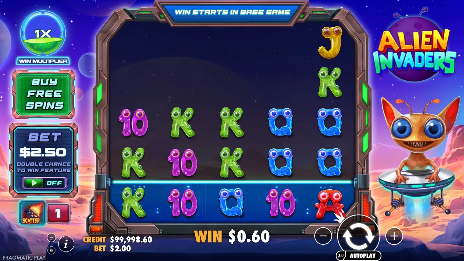 Alien Invaders later base-game result with staggered reel heights, highlighted bottom row, x1 multiplier and virtual-credit controls.