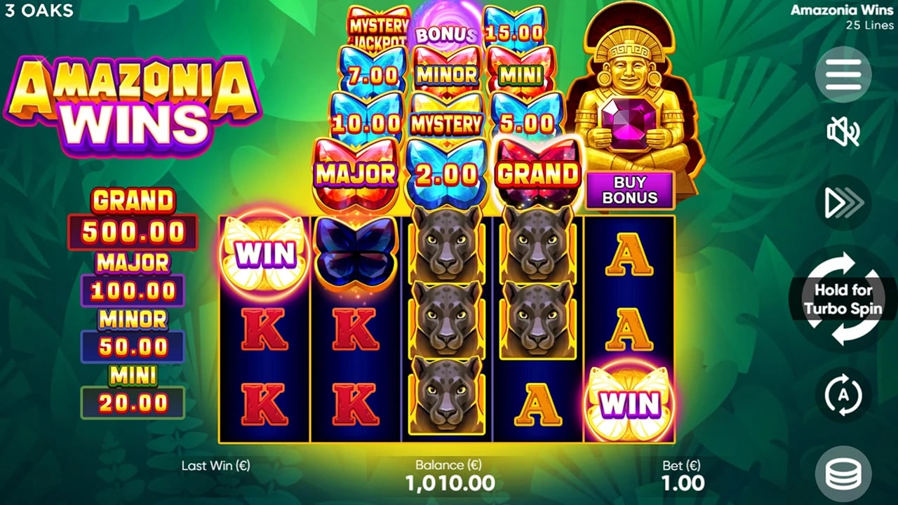 Amazonia Wins: Base reels beneath the three-column Extra Board