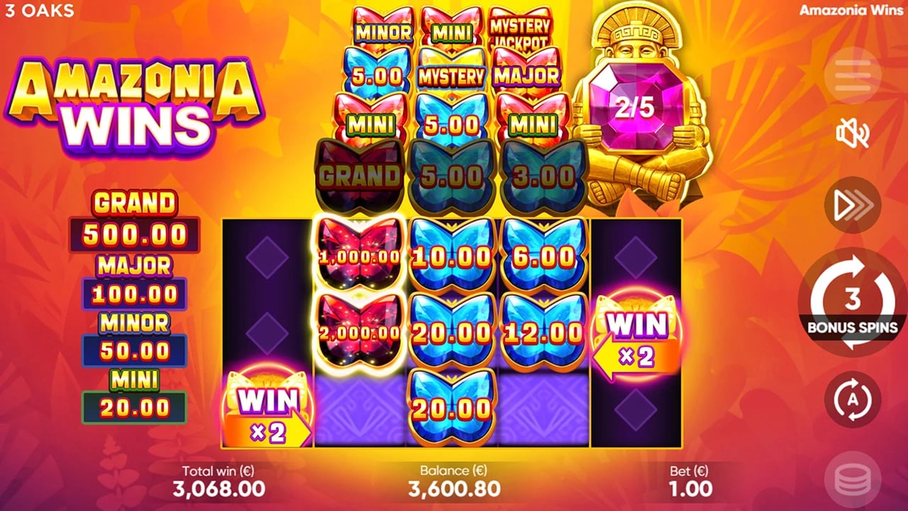 Amazonia Wins: Two outside WIN symbols around several collectors
