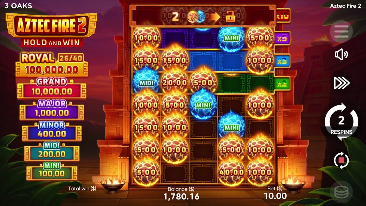 Aztec Fire 2: Expanded bonus board with row multipliers