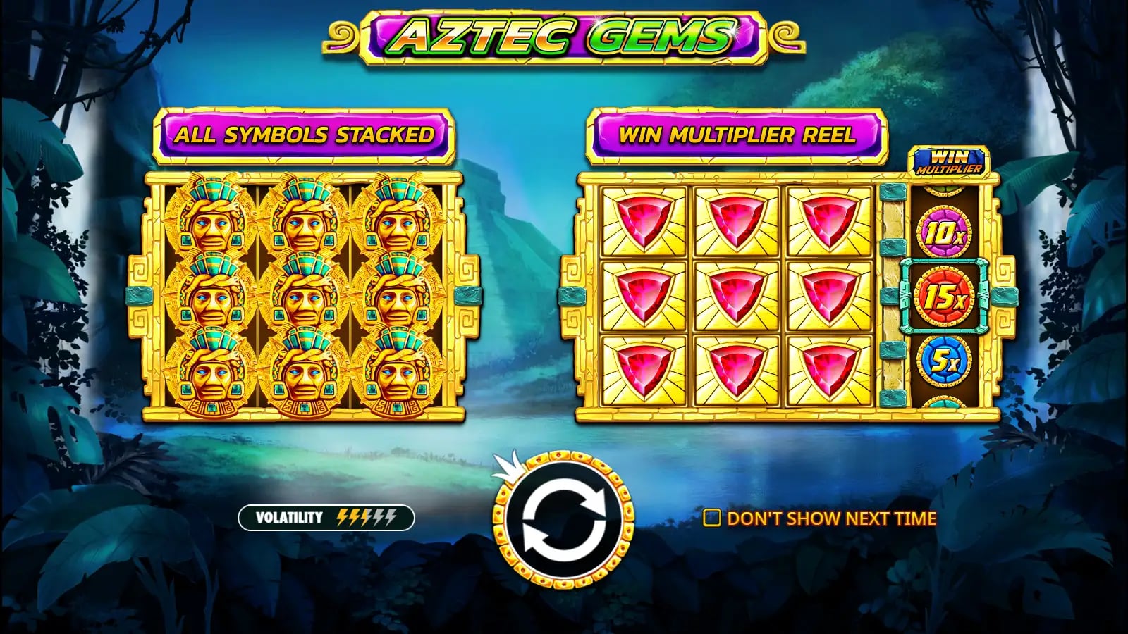 Aztec Gems official introduction illustrating stacked symbols and the separate multiplier reel, with three lit volatility bolts.
