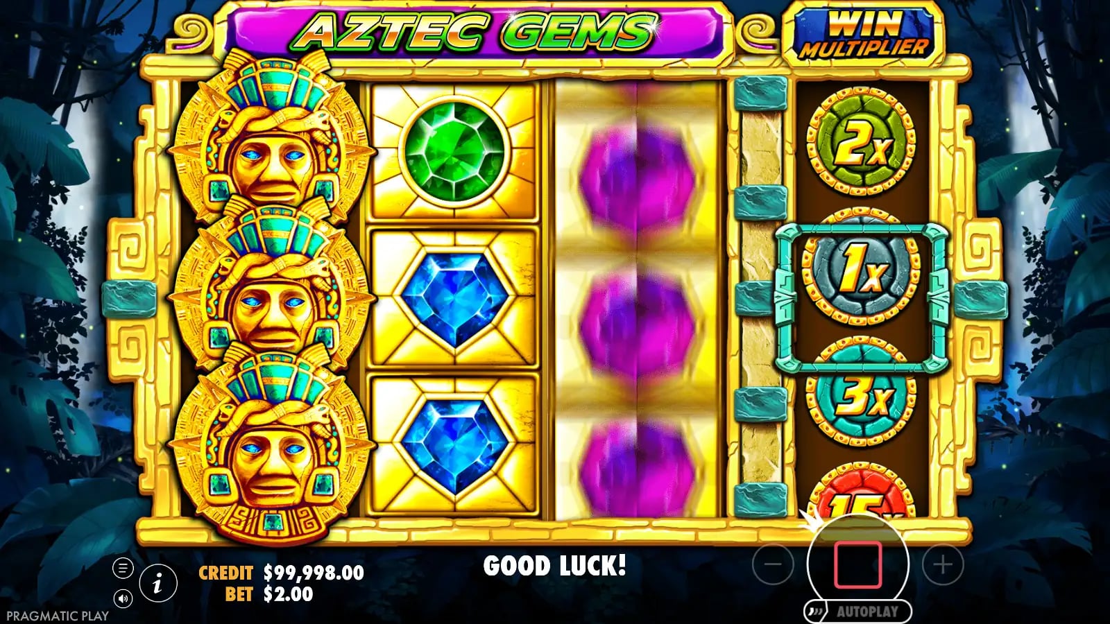 Aztec Gems official spin in progress at a $2 virtual bet, with stacked gold faces, a moving third reel and no settled win.
